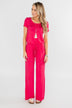 Short Sleeve Drawstring Jumpsuit- Fuchsia