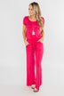 Short Sleeve Drawstring Jumpsuit- Fuchsia
