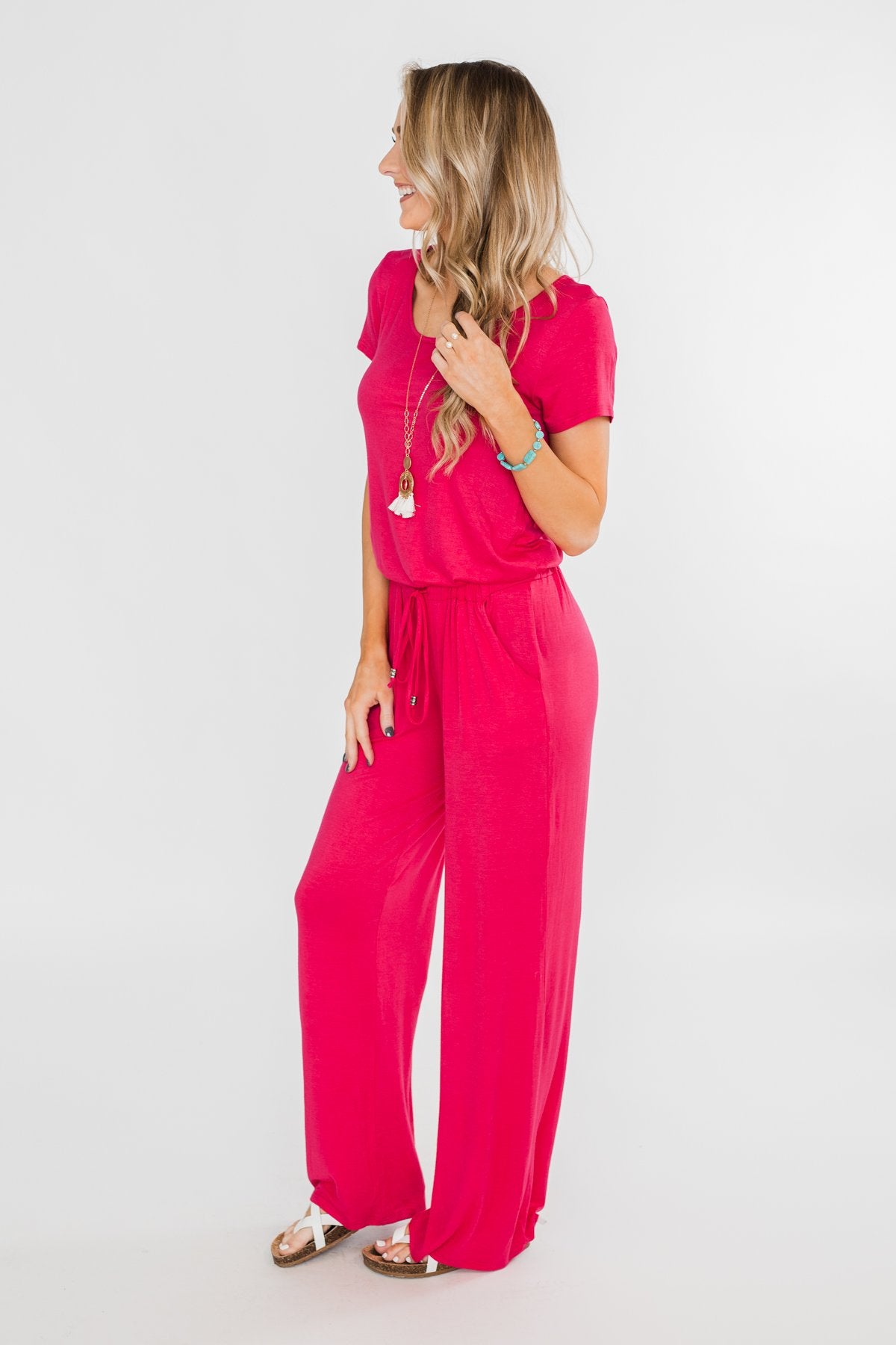 Short Sleeve Drawstring Jumpsuit- Fuchsia