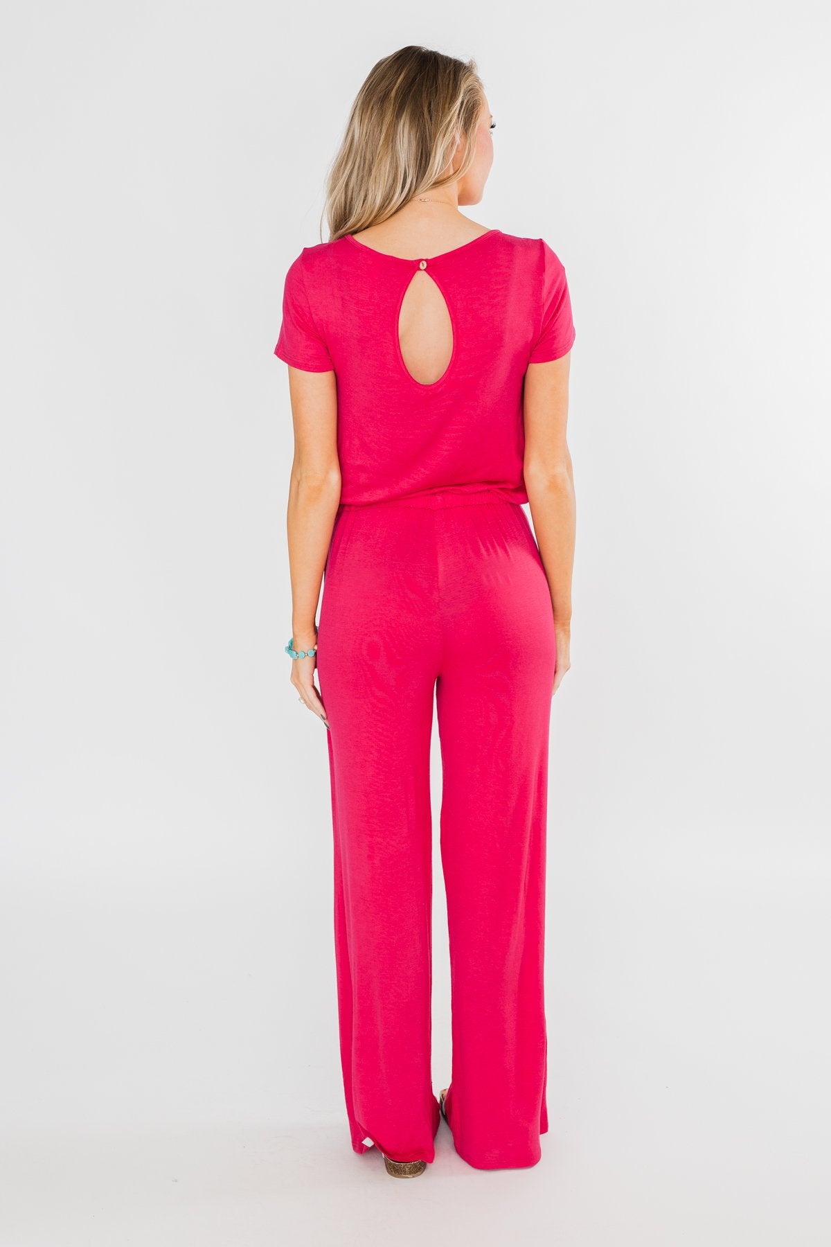 Short Sleeve Drawstring Jumpsuit- Fuchsia