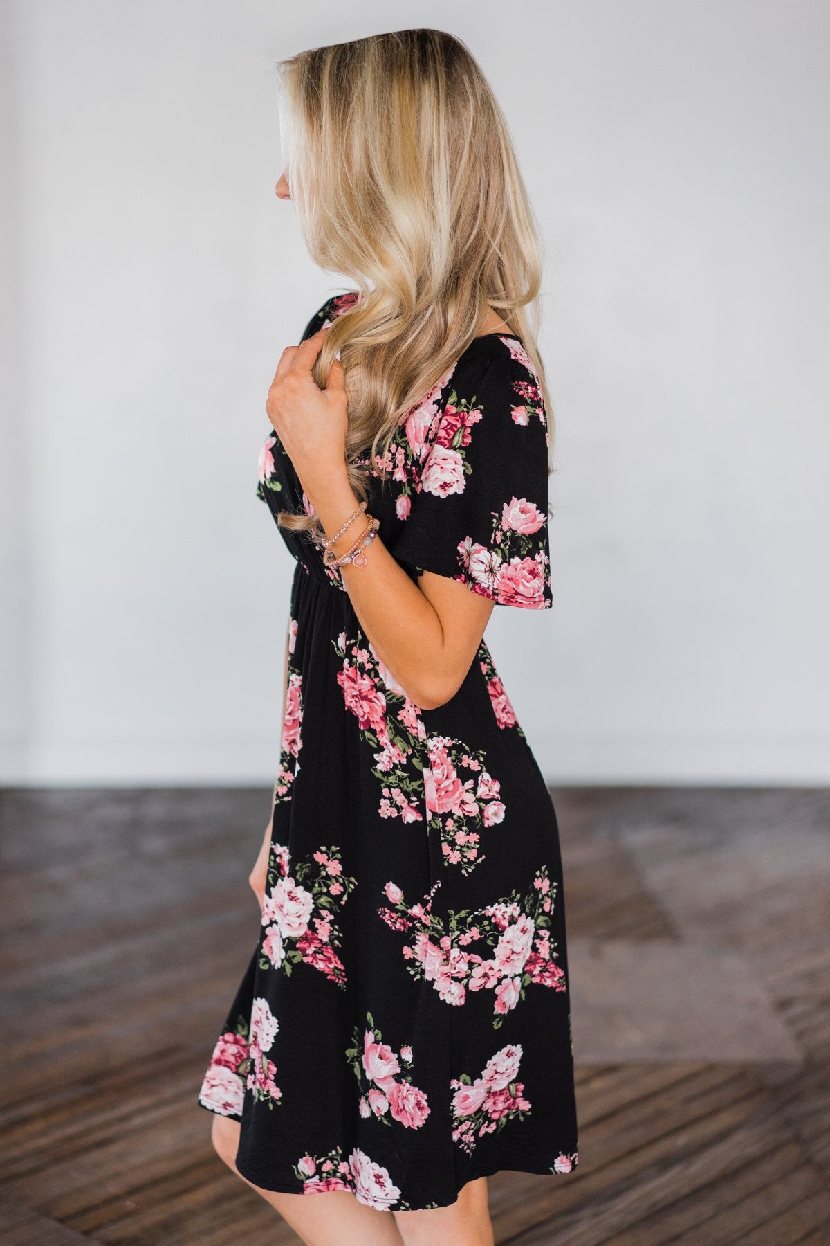 black floral summer dress Black Floral Print Long Sheer Sleeve Short Dress