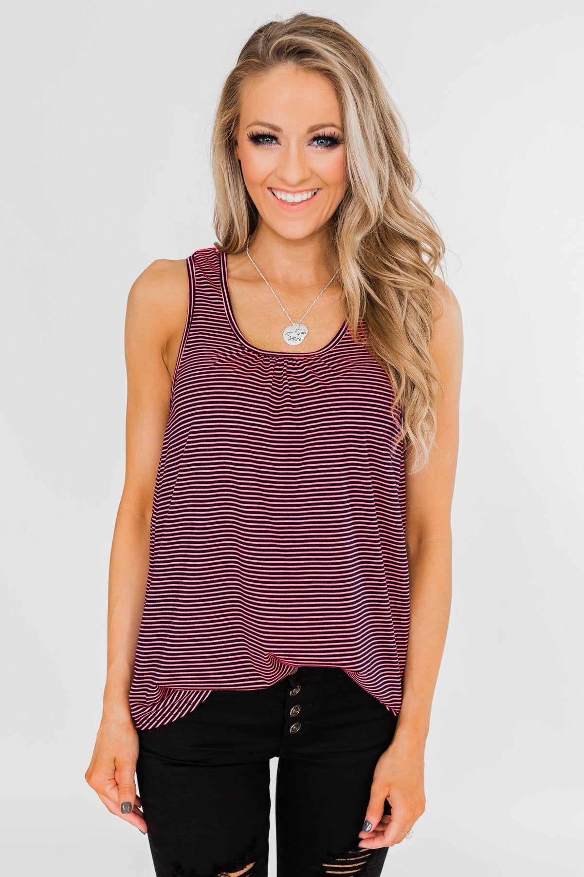 Striped Lace Racerback Tank Top- Neon Pink & Black