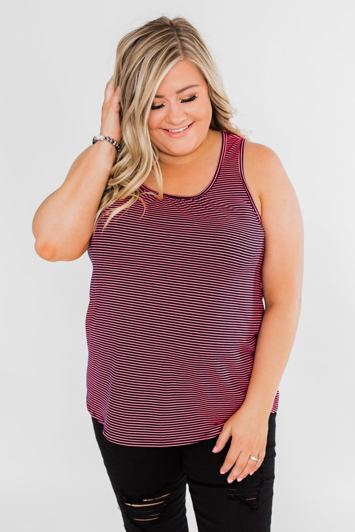 Striped Lace Racerback Tank Top- Neon Pink & Black
