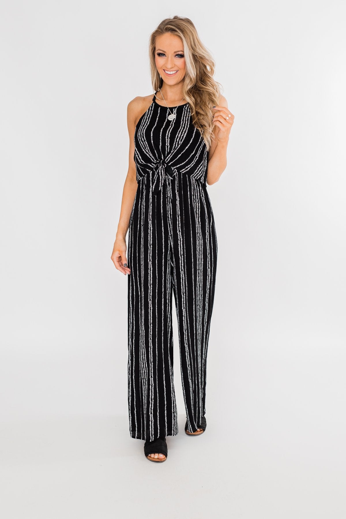 Into the Night Striped Halter Jumpsuit- Black