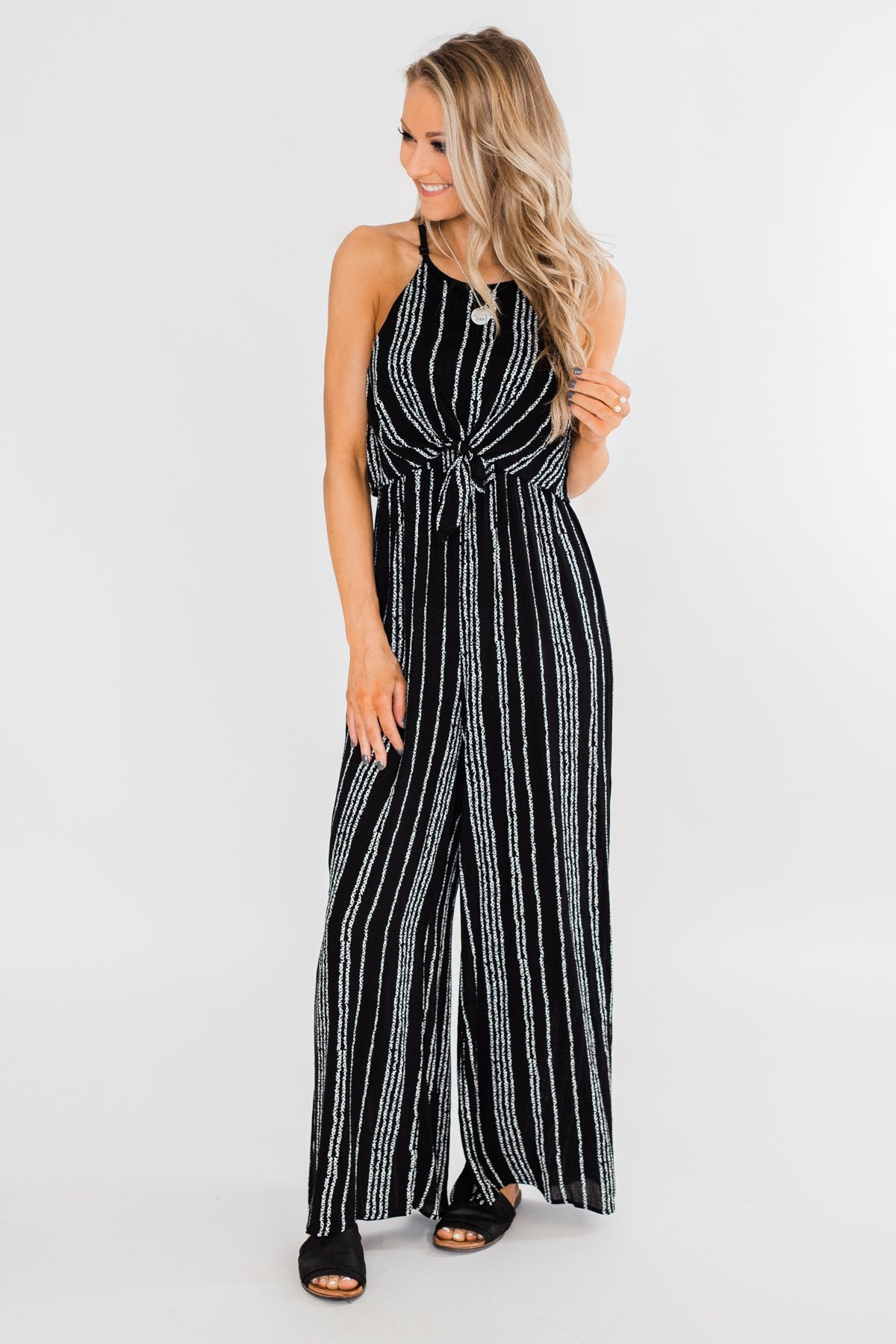 Into the Night Striped Halter Jumpsuit- Black