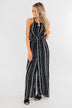 Into the Night Striped Halter Jumpsuit- Black