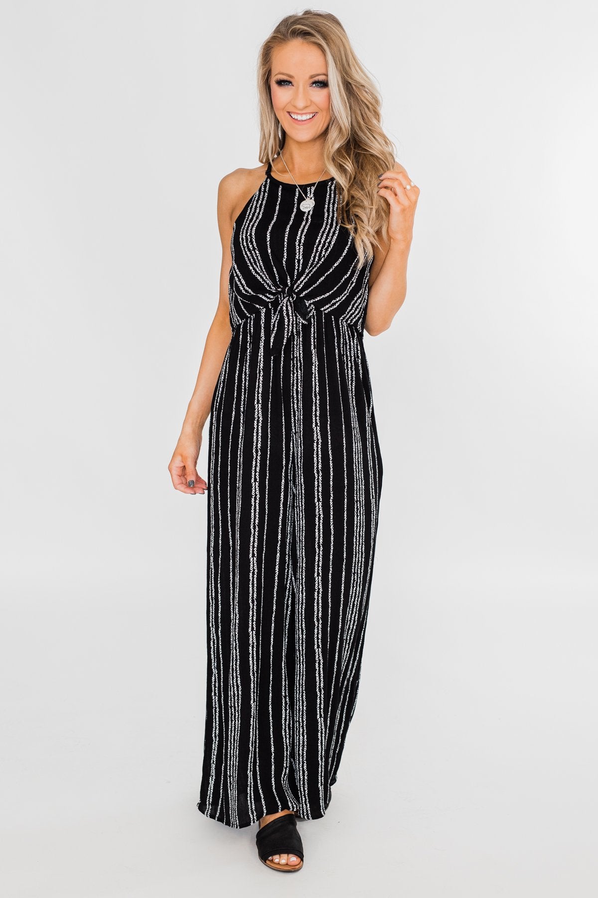 Into the Night Striped Halter Jumpsuit- Black