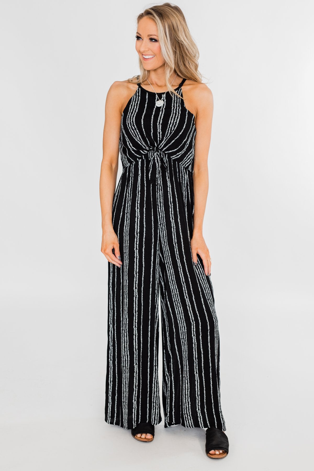 Into the Night Striped Halter Jumpsuit- Black