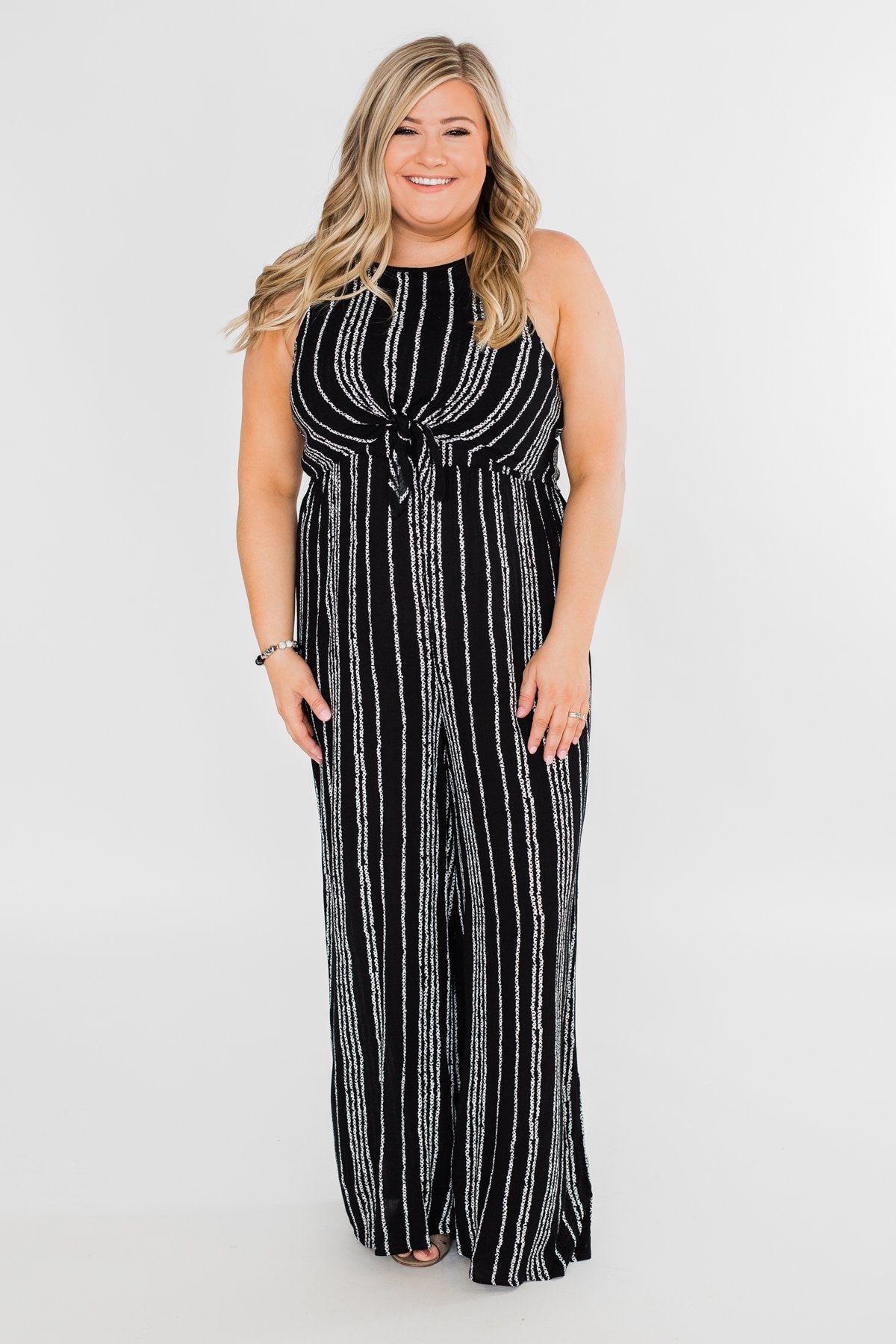 Into the Night Striped Halter Jumpsuit- Black