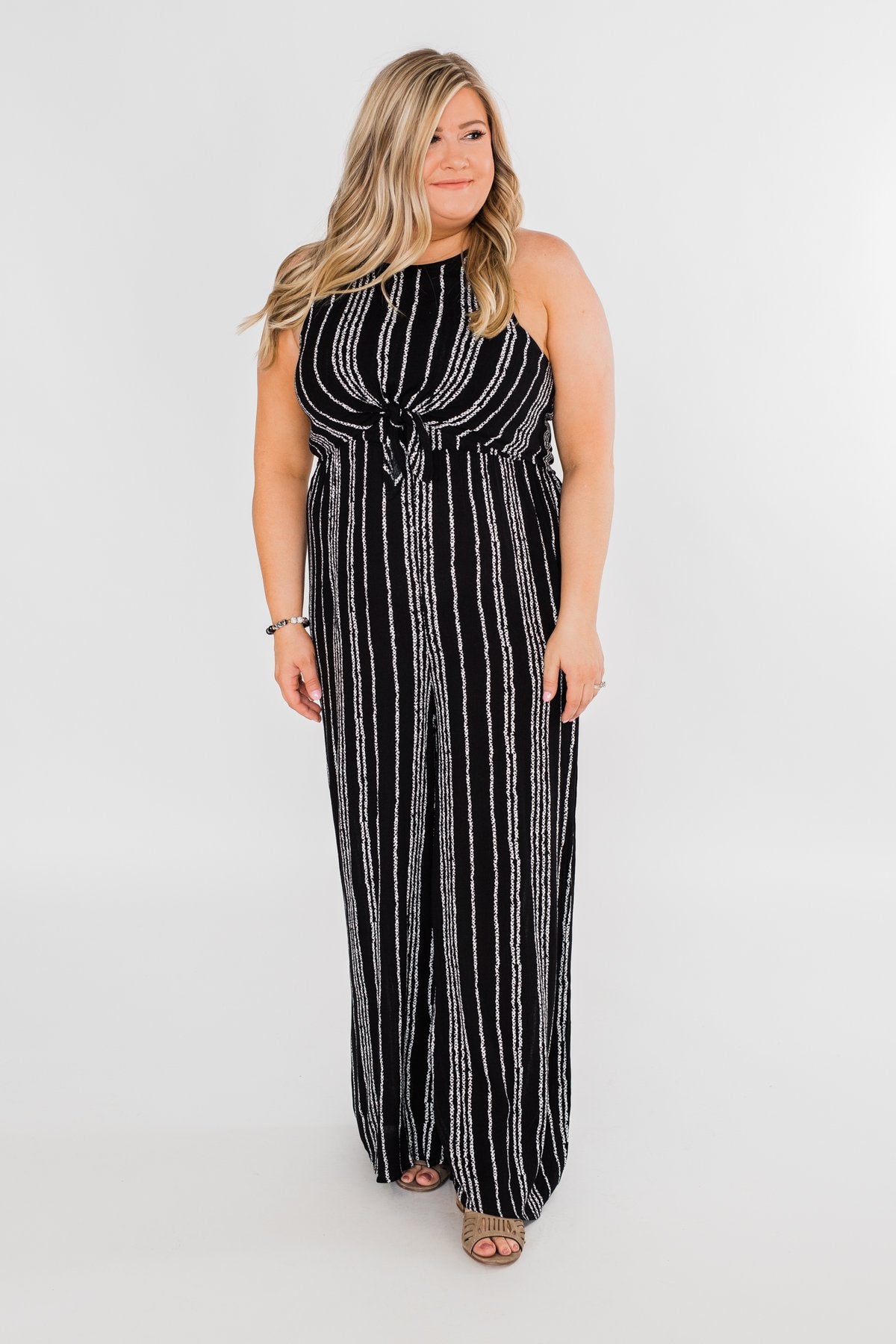 Into the Night Striped Halter Jumpsuit- Black