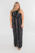 Into the Night Striped Halter Jumpsuit- Black