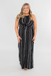 Into the Night Striped Halter Jumpsuit- Black