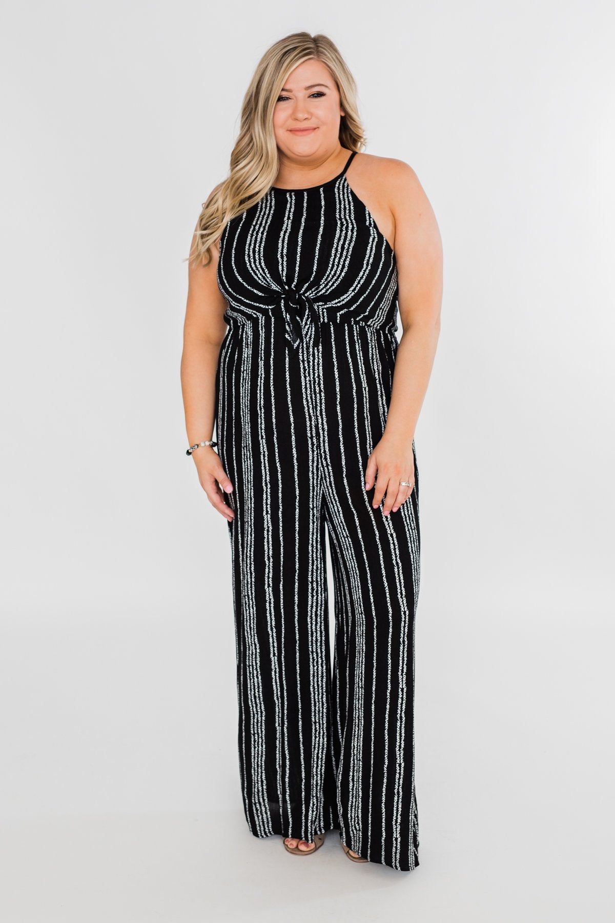 Into the Night Striped Halter Jumpsuit- Black