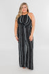 Into the Night Striped Halter Jumpsuit- Black