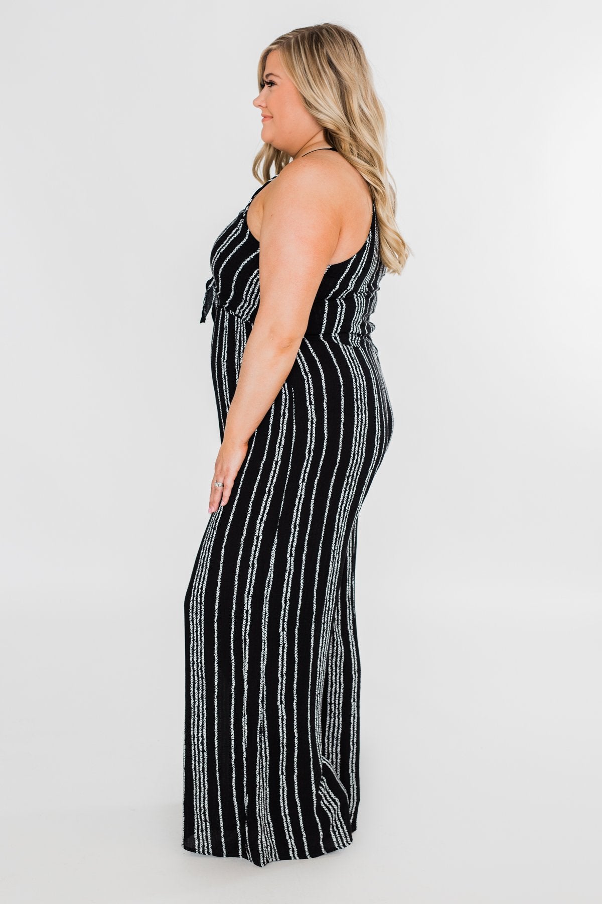 Into the Night Striped Halter Jumpsuit- Black