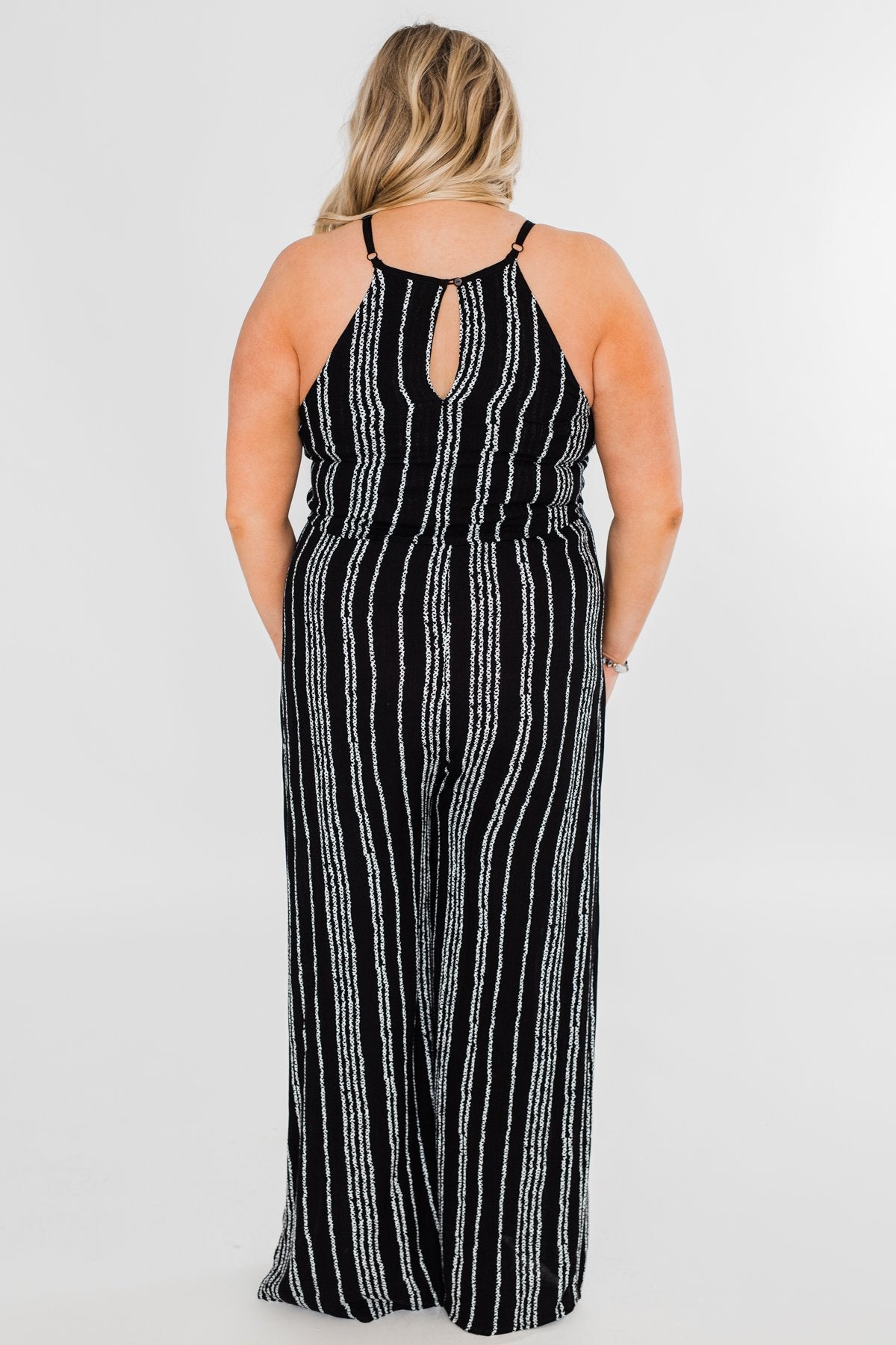 Into the Night Striped Halter Jumpsuit- Black