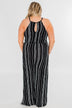 Into the Night Striped Halter Jumpsuit- Black