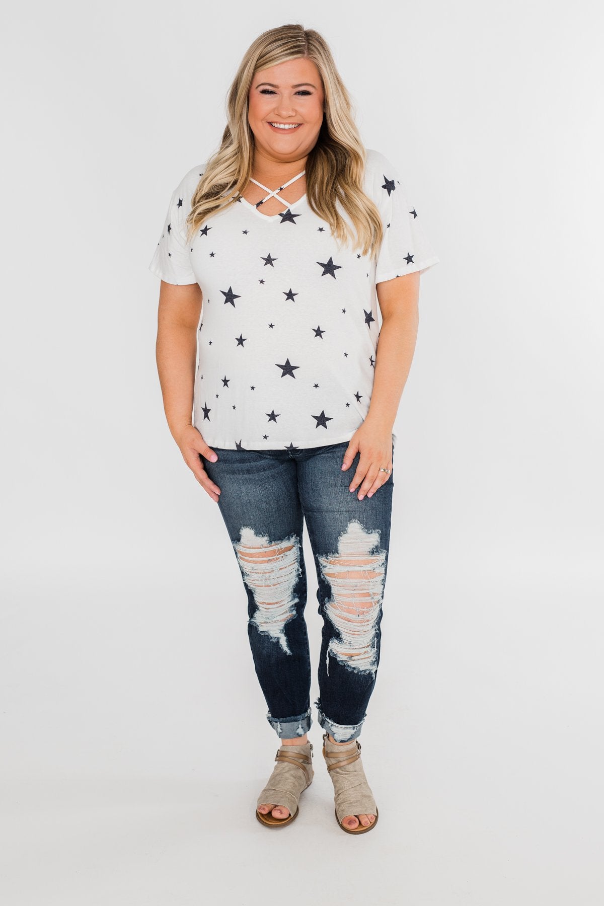 Shine On Criss-Cross Star Top- Ivory