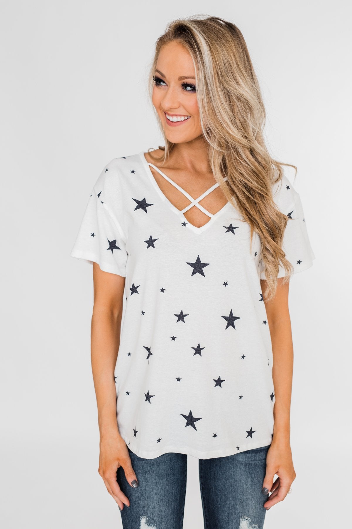 Shine On Criss-Cross Star Top- Ivory