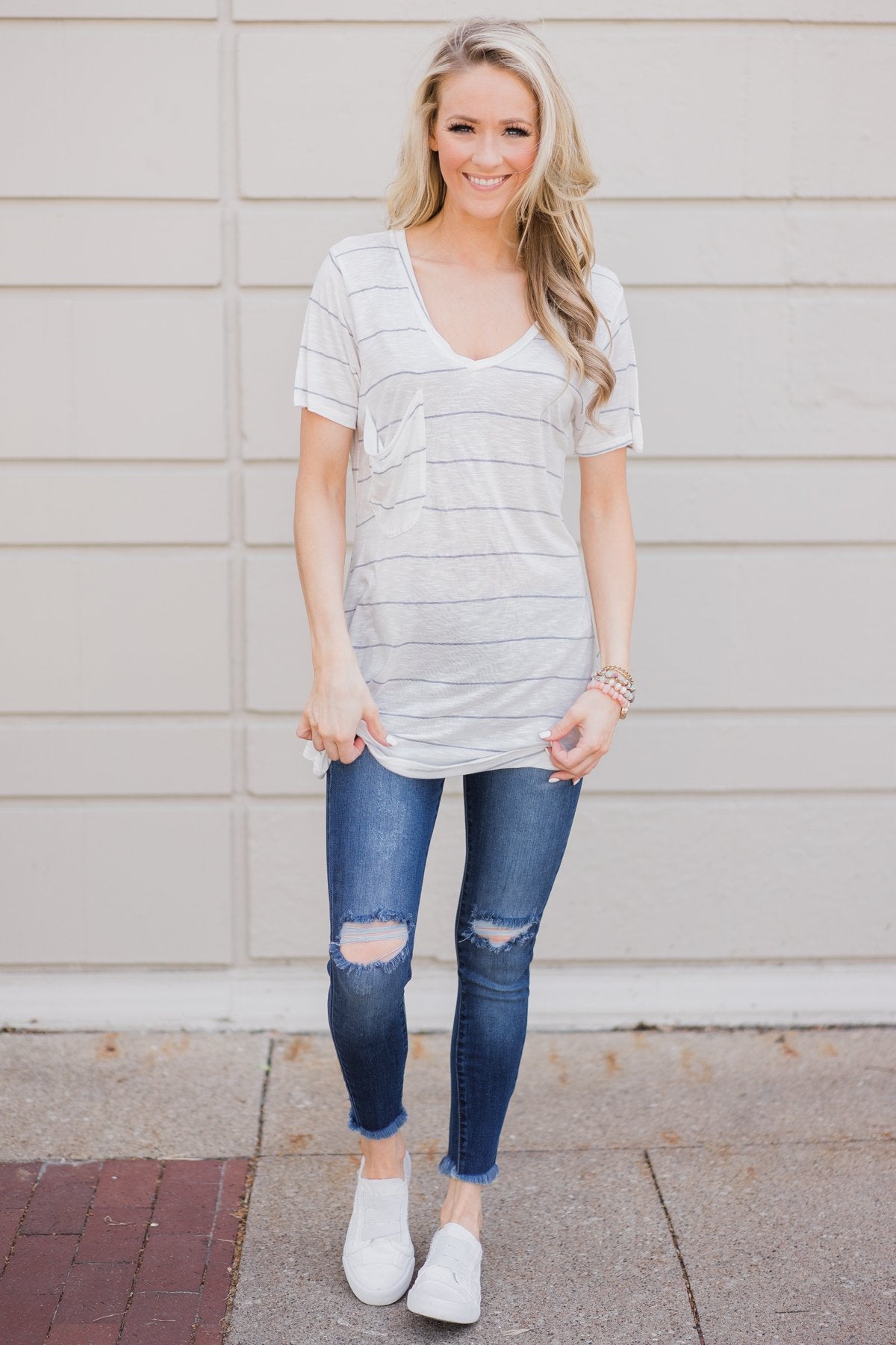 So Soft Striped Pocket Top- White & Grey