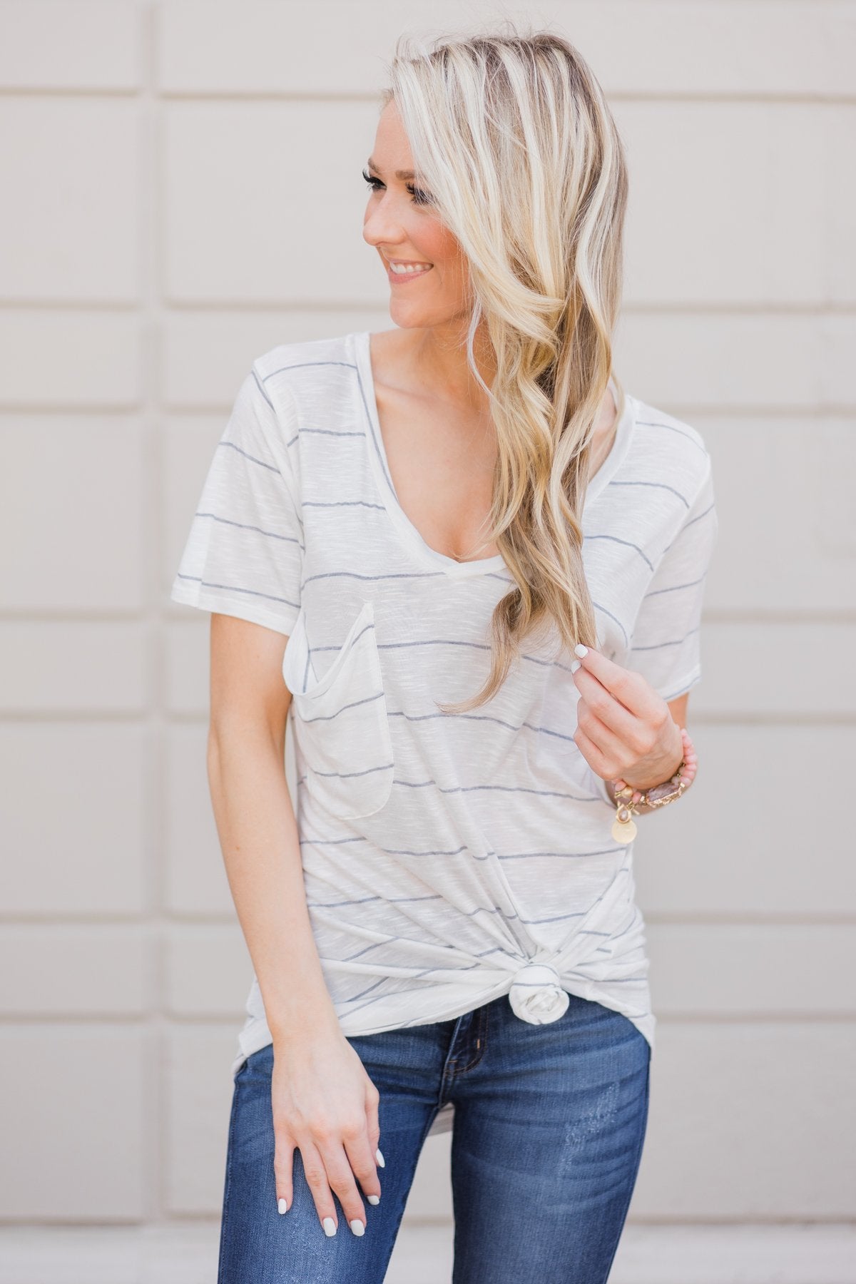 So Soft Striped Pocket Top- White & Grey