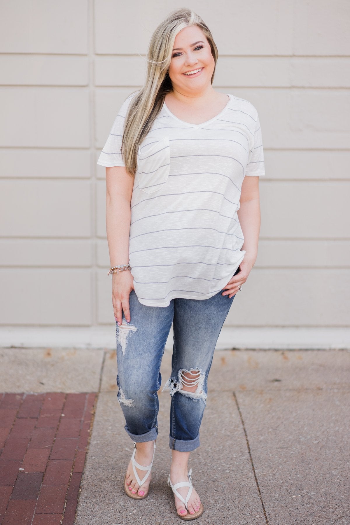 So Soft Striped Pocket Top- White & Grey