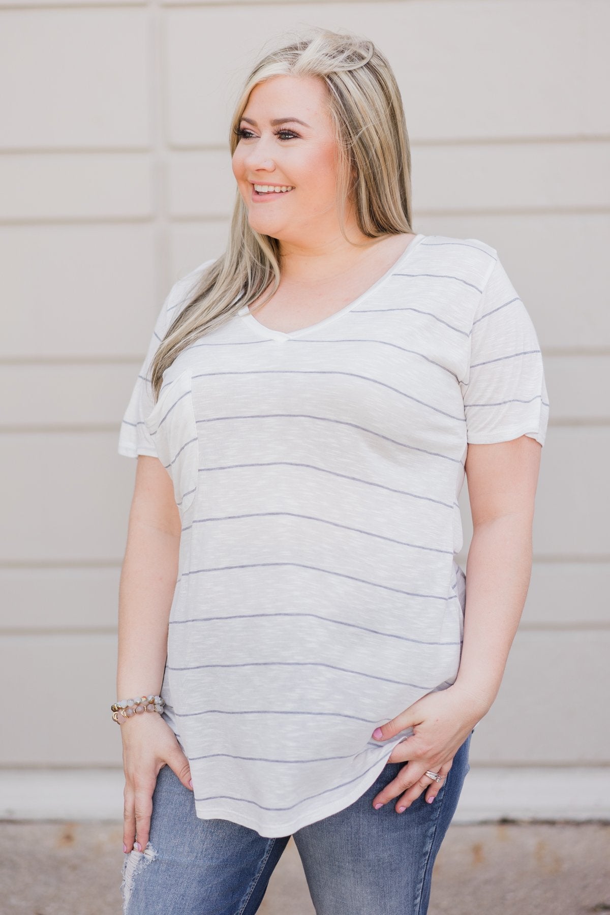 So Soft Striped Pocket Top- White & Grey