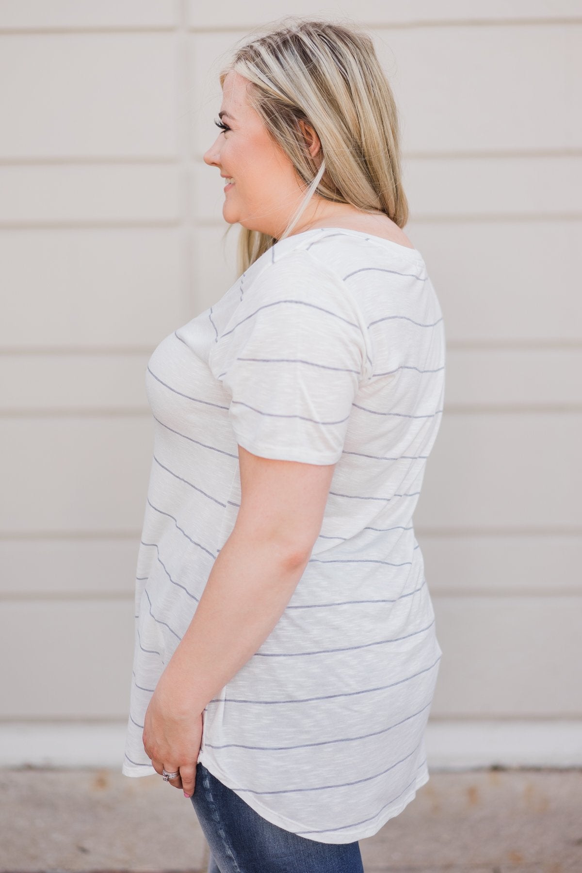 So Soft Striped Pocket Top- White & Grey