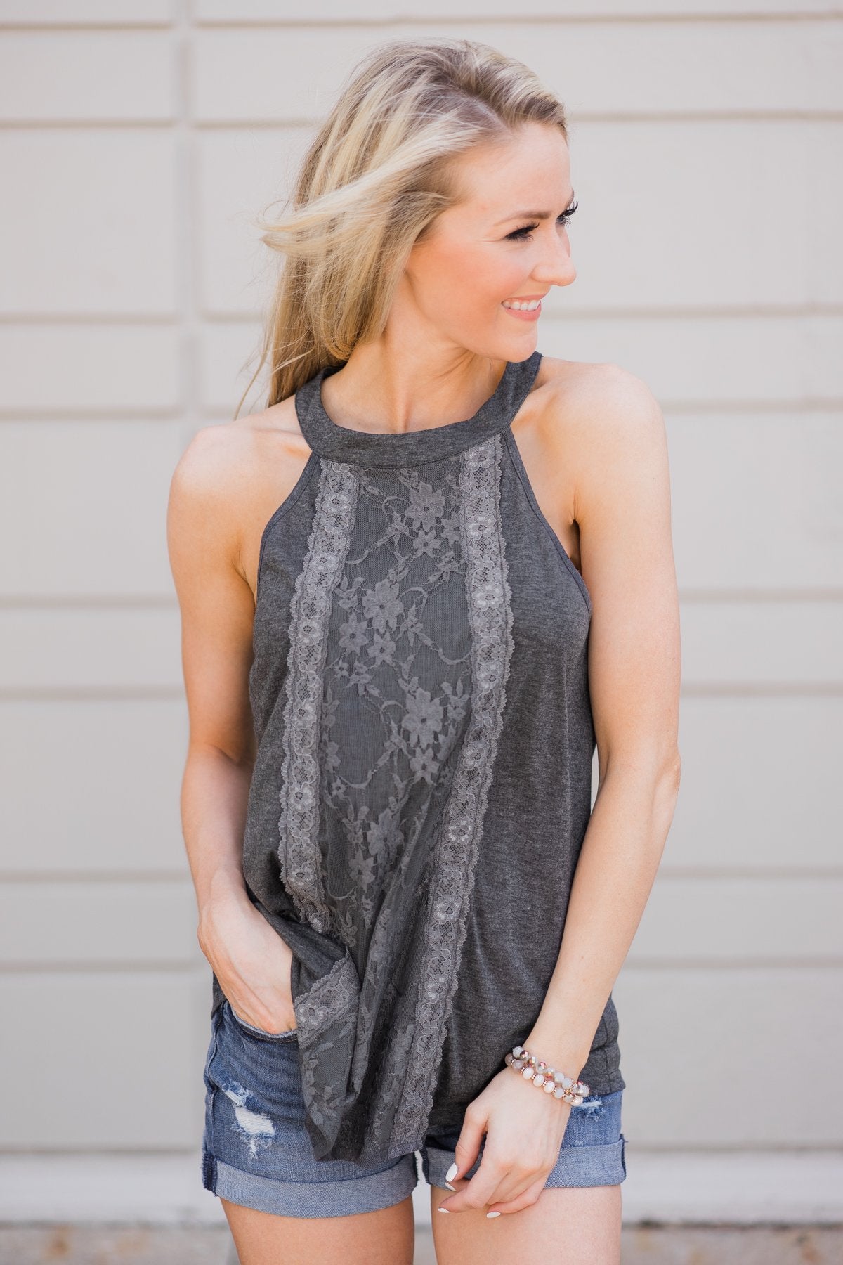 Sunset Lace Halter Tank Top- Charcoal