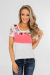 Color Block Short Sleeve Floral Top- White & Pink