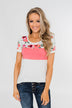 Color Block Short Sleeve Floral Top- White & Pink