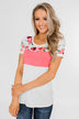 Color Block Short Sleeve Floral Top- White & Pink