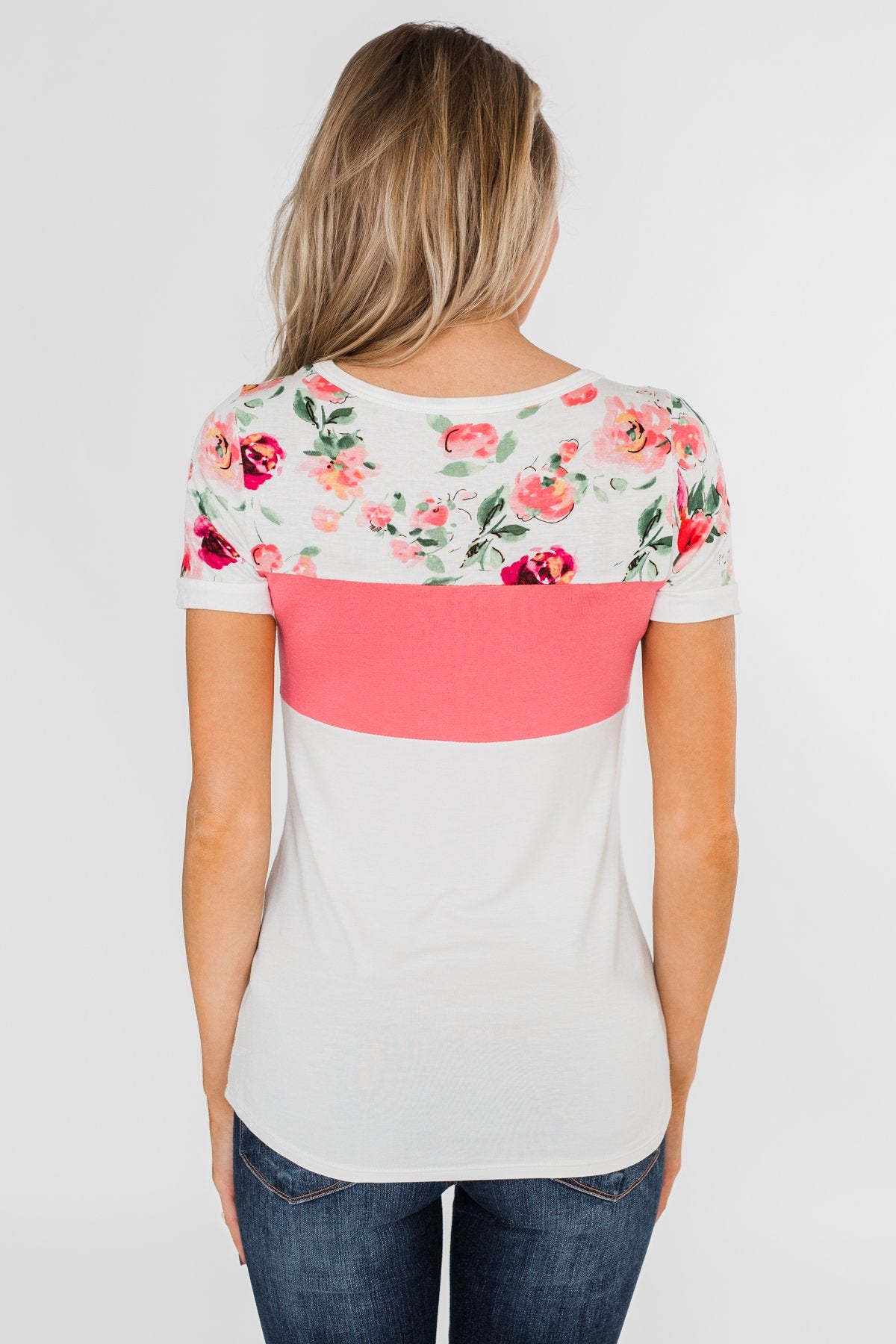 Color Block Short Sleeve Floral Top- White & Pink