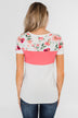 Color Block Short Sleeve Floral Top- White & Pink