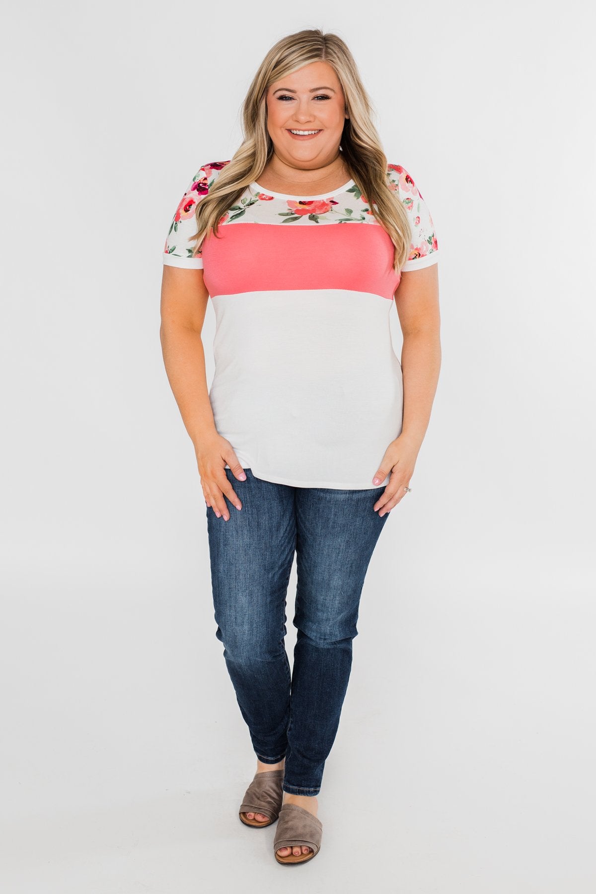 Color Block Short Sleeve Floral Top- White & Pink