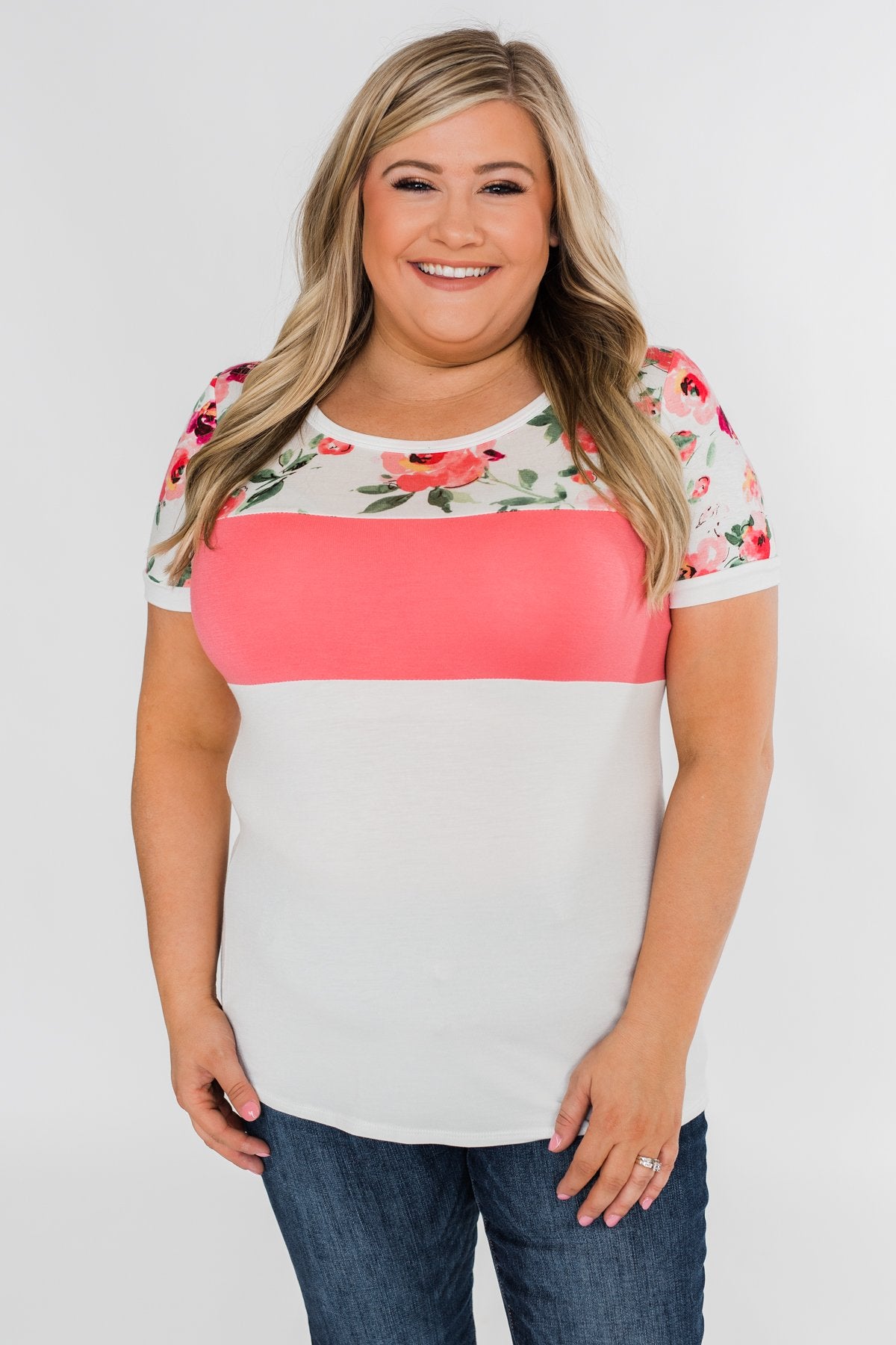 Color Block Short Sleeve Floral Top- White & Pink