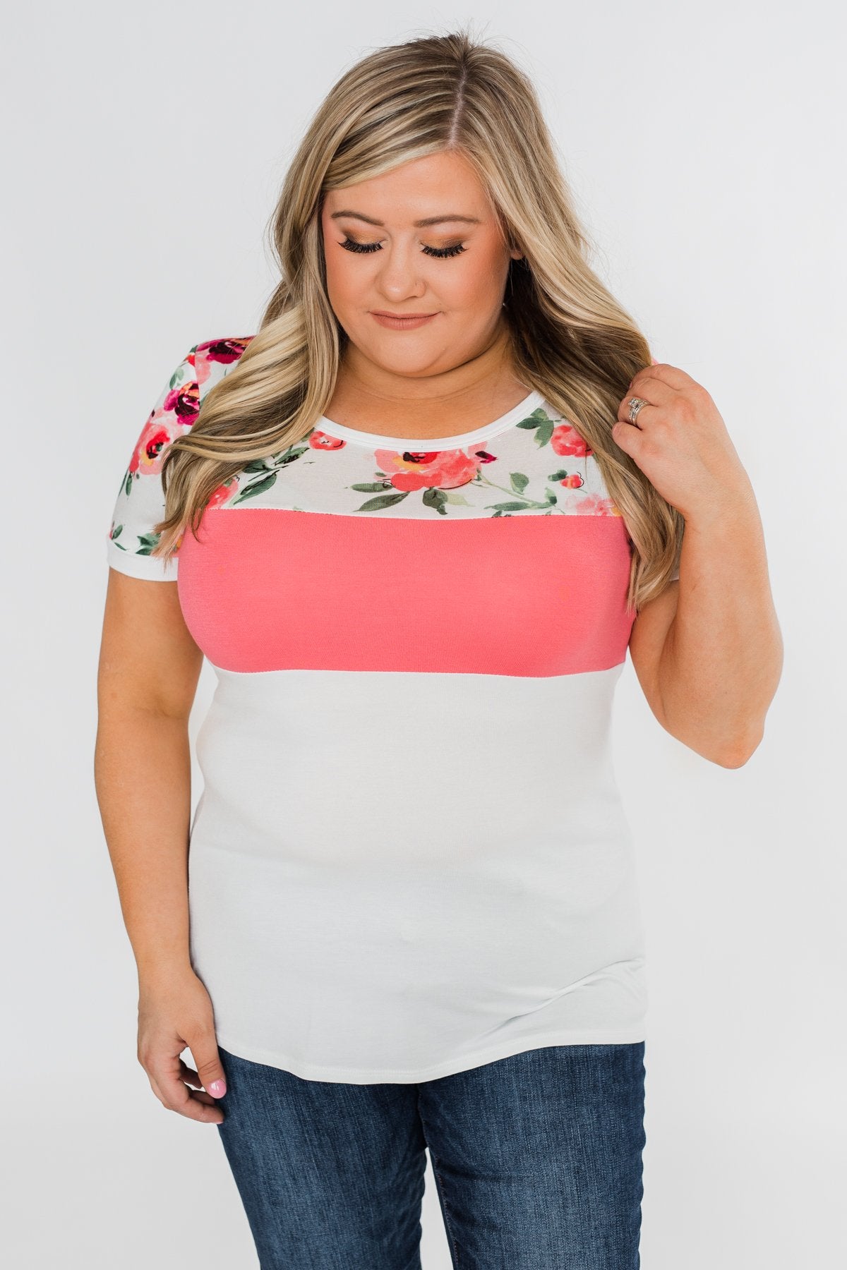 Color Block Short Sleeve Floral Top- White & Pink