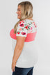 Color Block Short Sleeve Floral Top- White & Pink