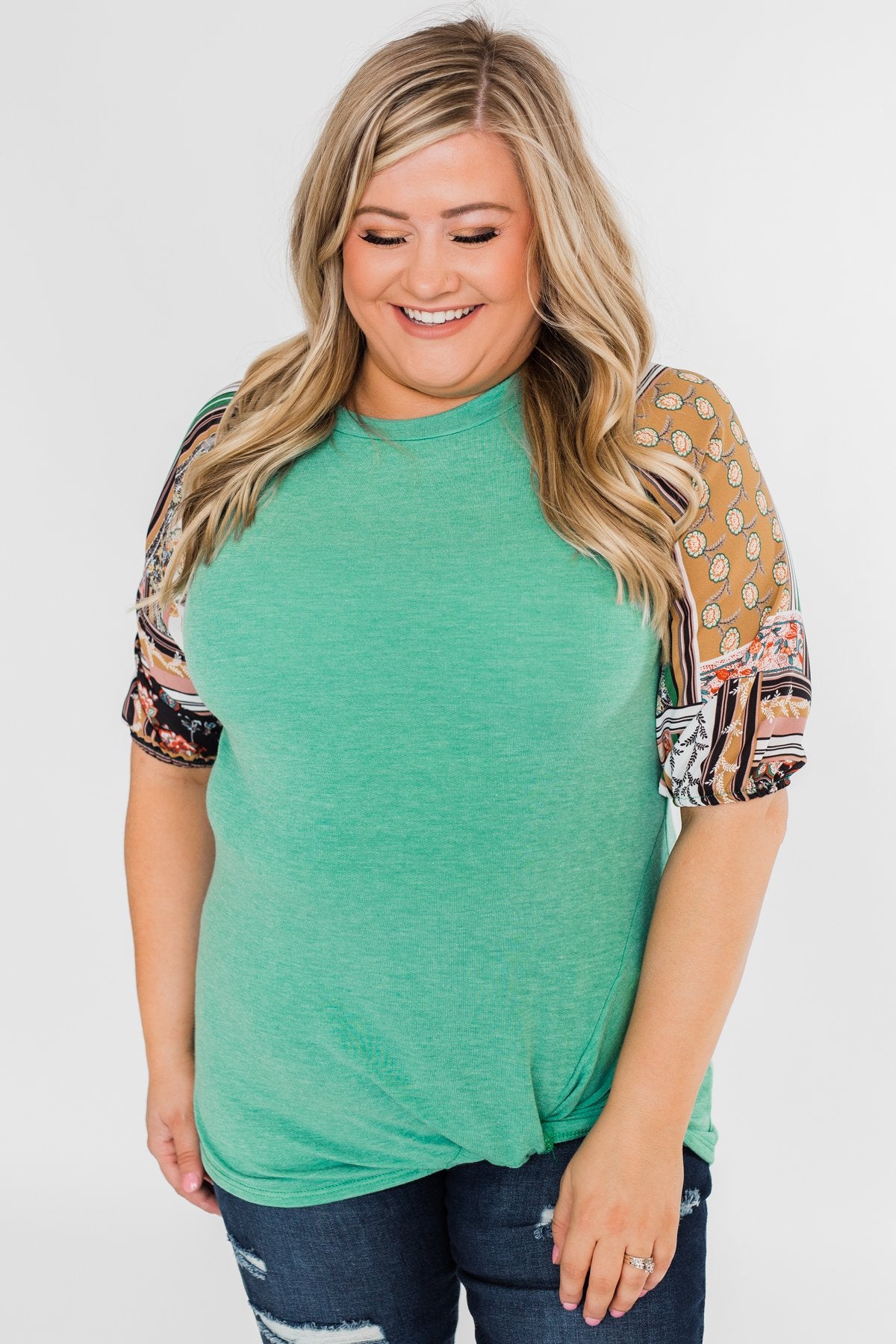 Keep Walking On Printed Sleeve Top- Jade Green