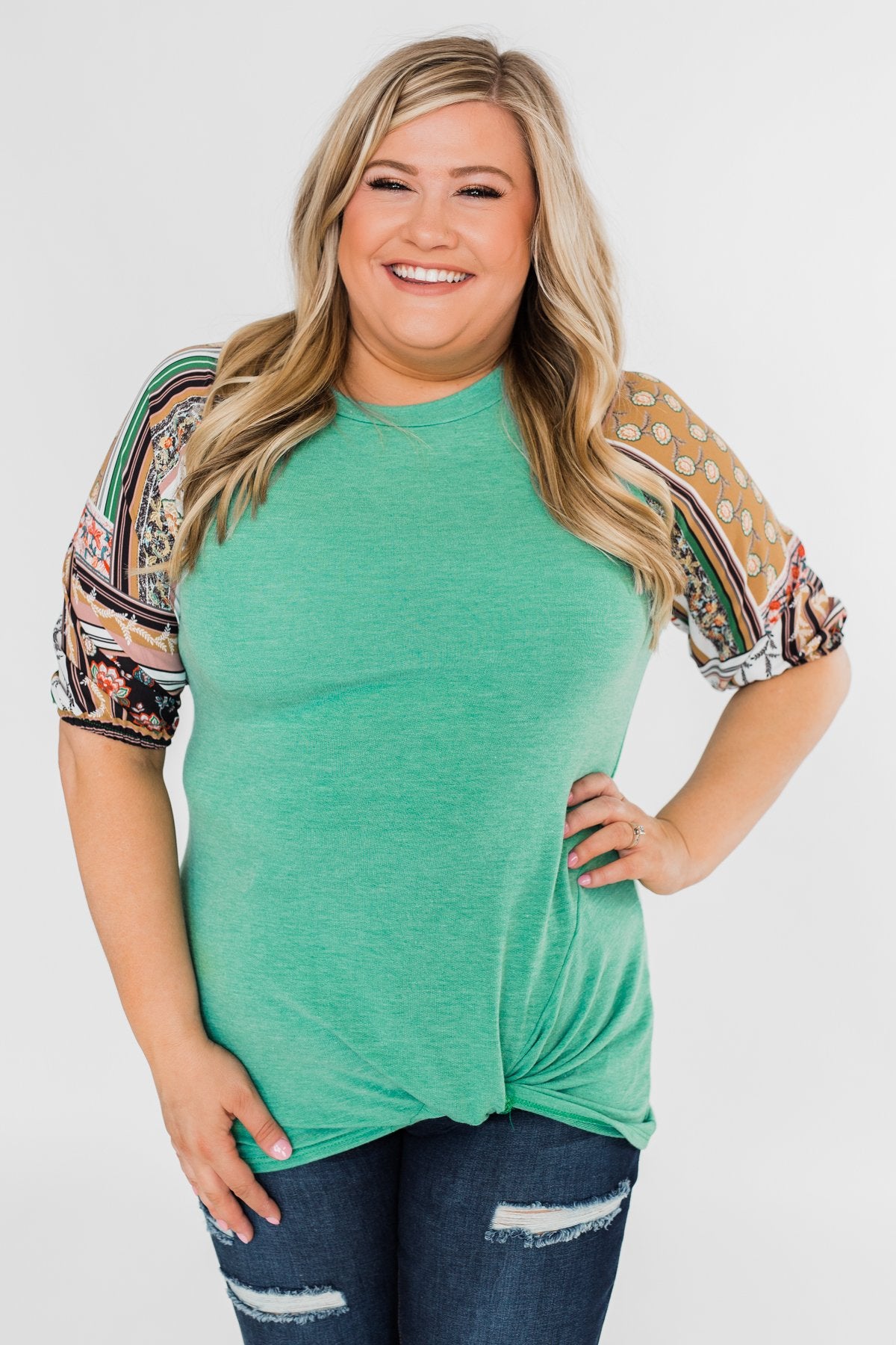 Keep Walking On Printed Sleeve Top- Jade Green
