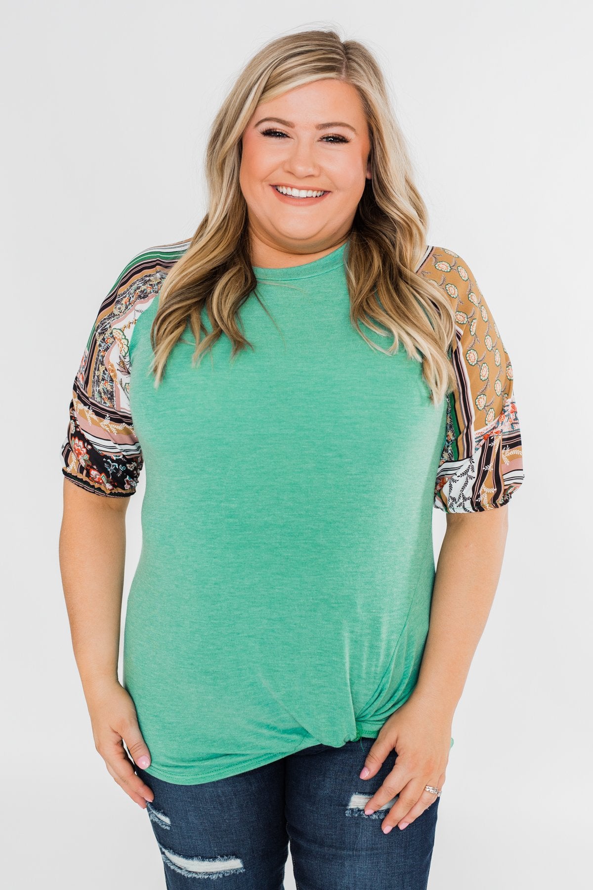 Keep Walking On Printed Sleeve Top- Jade Green