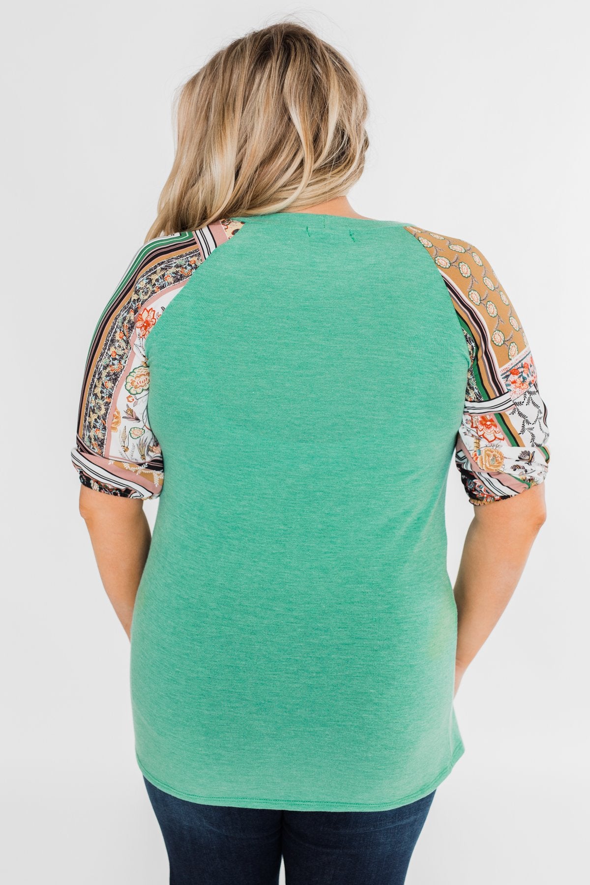 Keep Walking On Printed Sleeve Top- Jade Green