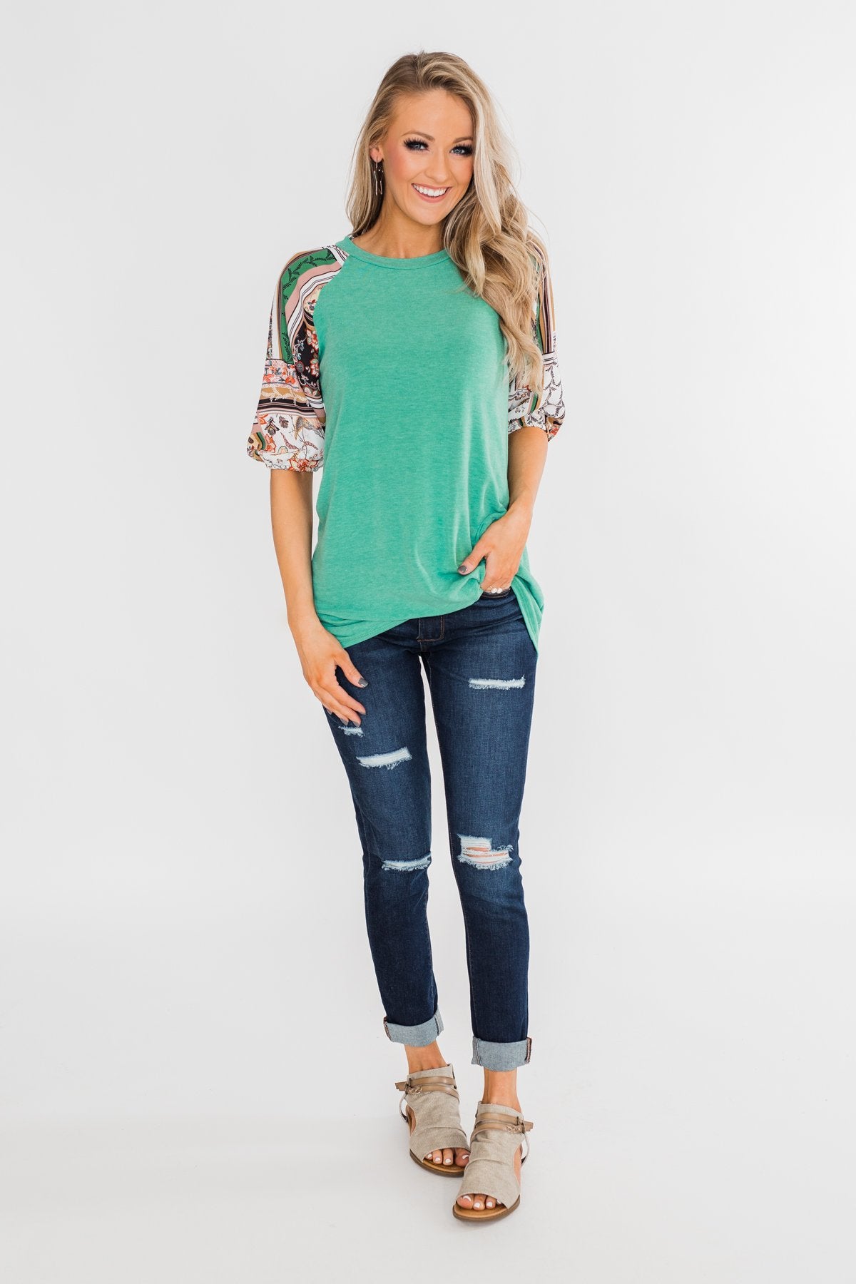 Keep Walking On Printed Sleeve Top- Jade Green