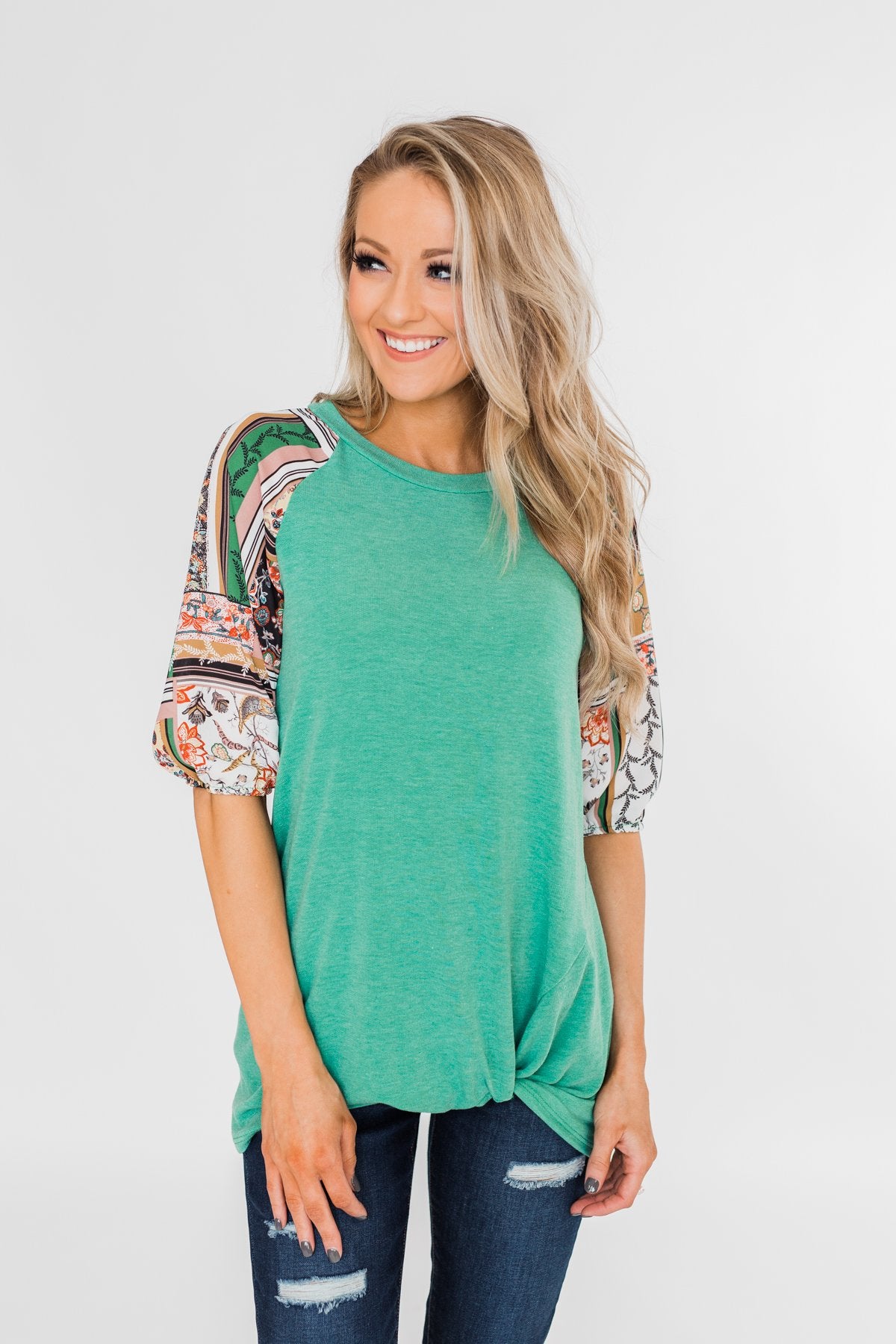Keep Walking On Printed Sleeve Top- Jade Green