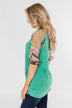Keep Walking On Printed Sleeve Top- Jade Green