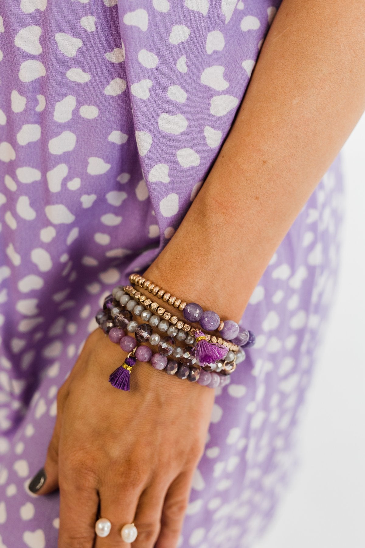 Tassels & Beads Bracelet Set- Gold & Purple