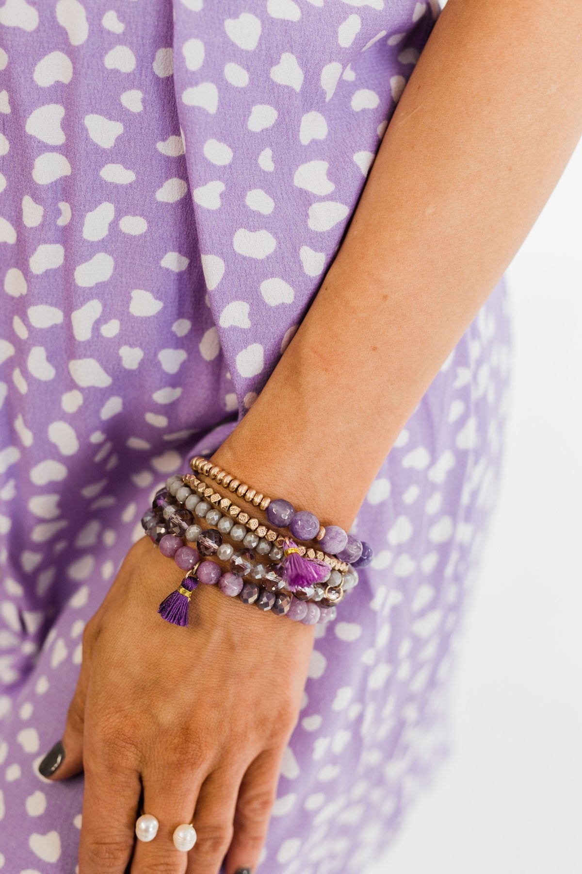 Tassels & Beads Bracelet Set- Gold & Purple
