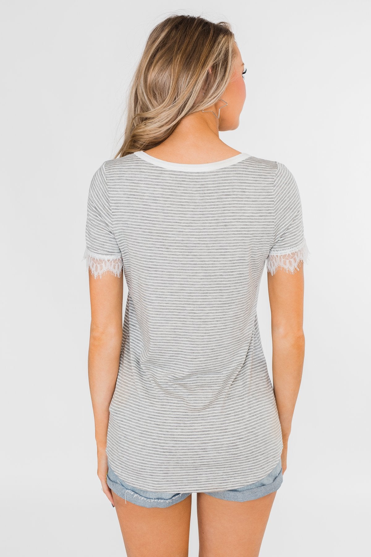 All About the Accents Lace Striped Top- Grey & White