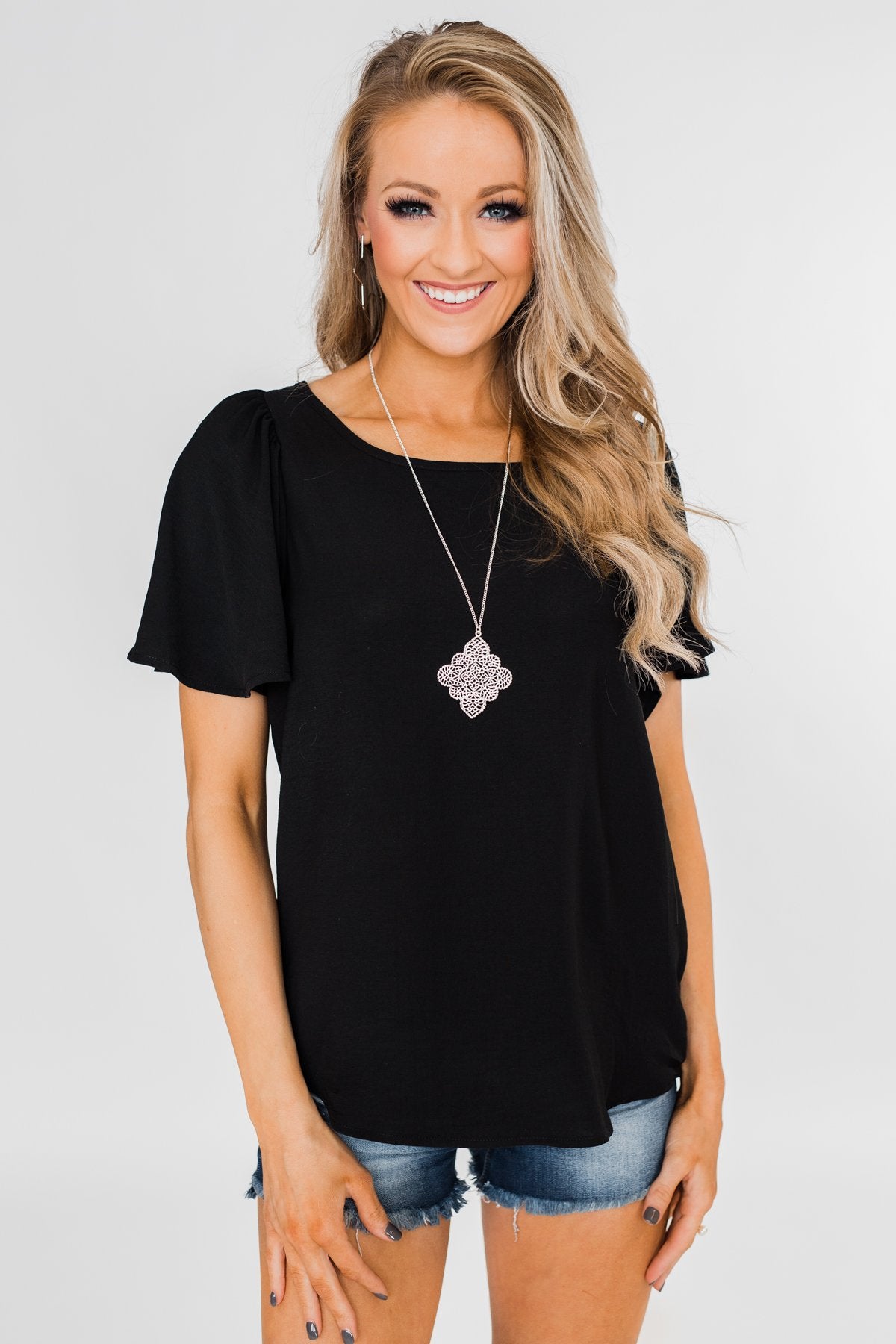 Ruffle Sleeve Keyhole Back Top- Black