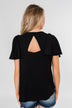 Ruffle Sleeve Keyhole Back Top- Black